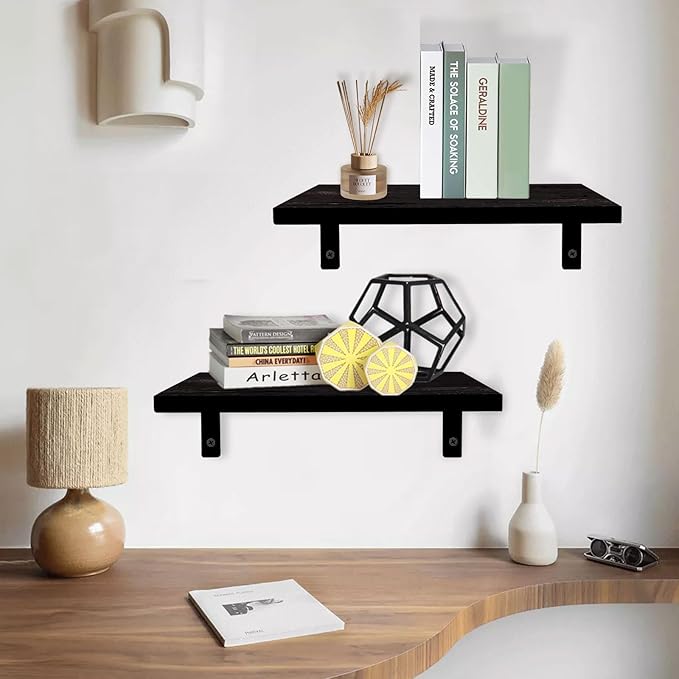 Floating Shelves for Wall,12 Inch Deep Floating Shelf with Brackets,Wood Wall Shelves,Wall Mounted Bookshelf for Living Room,Bedroom,Kitchen,Office,Storage and Display Shelf Set (Black)