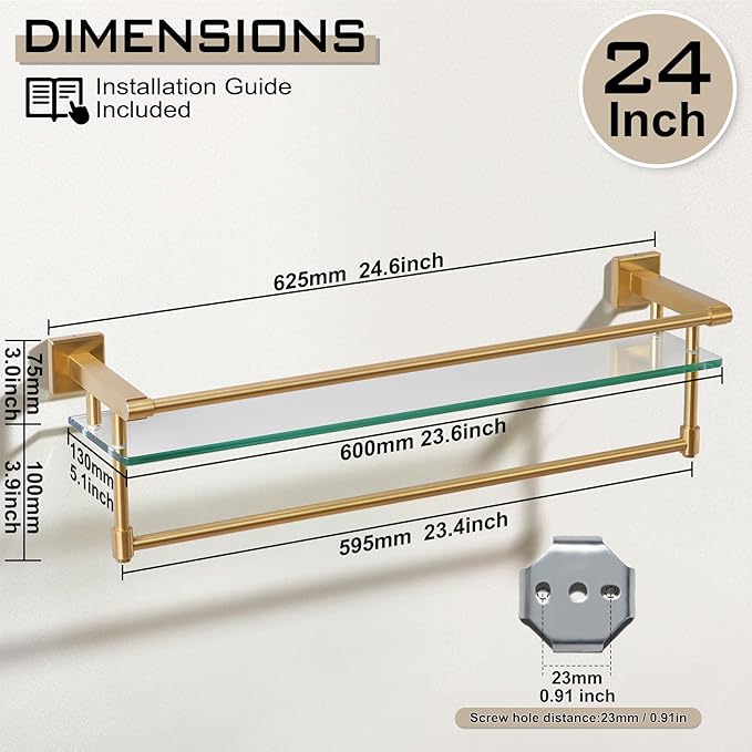 Bathroom Glass Shelf with Towel Bar/Rack 24 inches Wall-Mounted Shelves Tempered Glass Sink Toilet Organizer Shower Towel Decorative Storage (Polished Gold Finish)