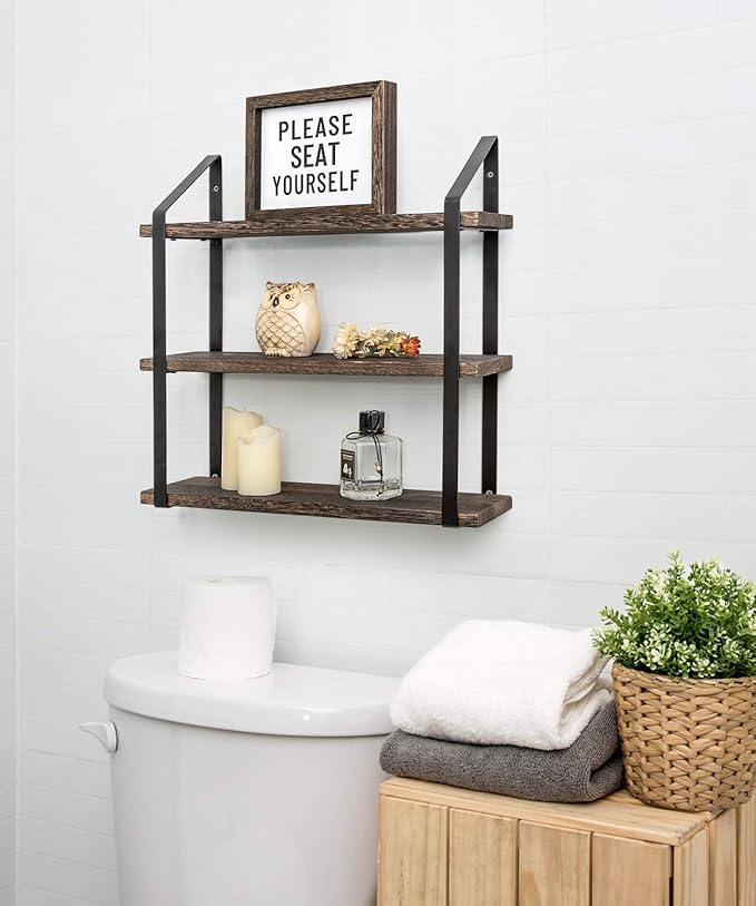 Mkono Floating Wall Shelves 3 Tier 17 Inch Rustic Hanging Shelf with Metal Bracket Wall Mount Wood Storage Display Shelves for Living Room Bathroom Bedroom Kitchen Office,Medium
