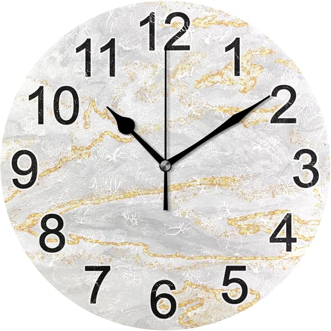 Gold White Marble Wall Clock Non Ticking Silent Kitchen Clock Large Battery Operated Clocks 10 inch for Living Room Bedroom Decor