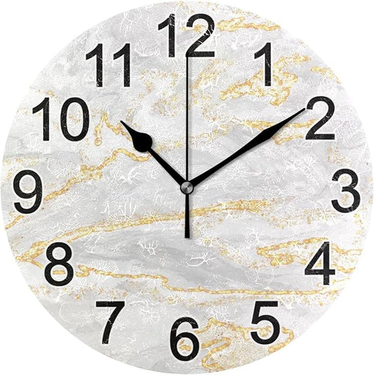 Gold White Marble Wall Clock Non Ticking Silent Kitchen Clock Large Battery Operated Clocks 10 inch for Living Room Bedroom Decor