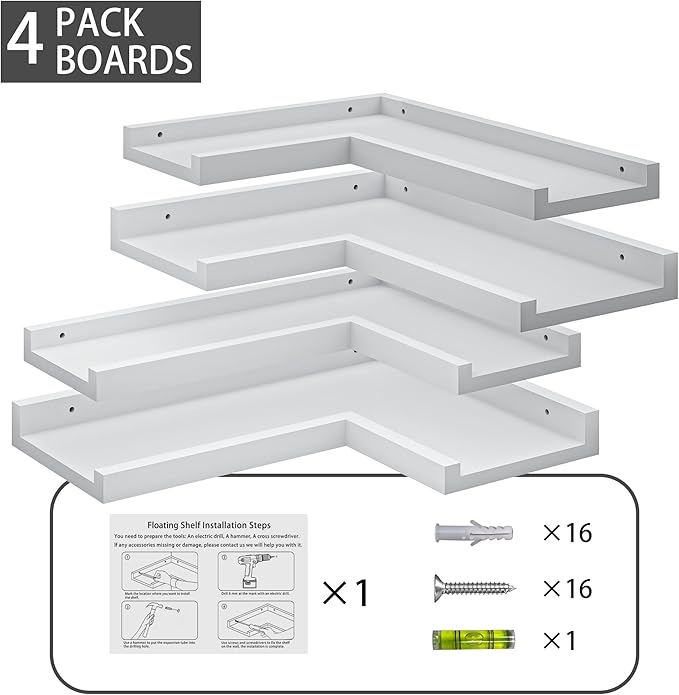 4 Tier Corner Wall Shelf, Floating Shelves with Lip, White Modern Corner Shelves Wall Mounted, Solid Pine Wood L Shaped Shelf for Living Room, Bedroom, Bathroom, Home Storage