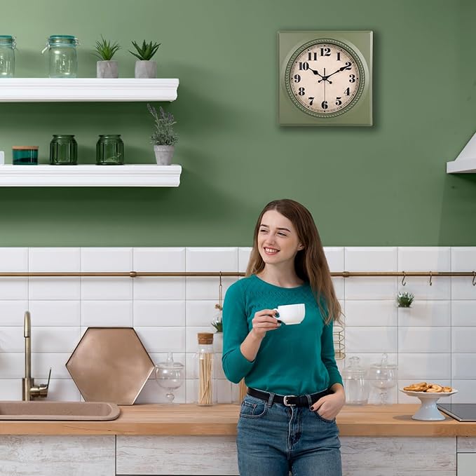 Vintage Wall Clock 1950s Style - Retro 50's Mid Century Square Wall Clocks Battery Operated for Kitchen Living Room Home Decor - 12 Inch, Olive Green