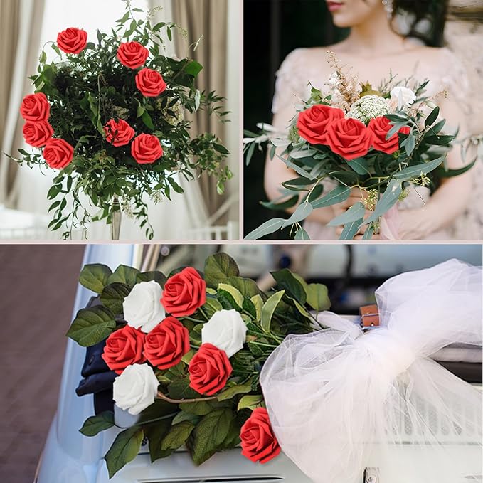 Artificial Flowers Red Roses Real Looking Foam Fake Roses with Leaves and for DIY Wedding Bouquets Bridal Shower Centerpieces Party Decorations (Red, 100)