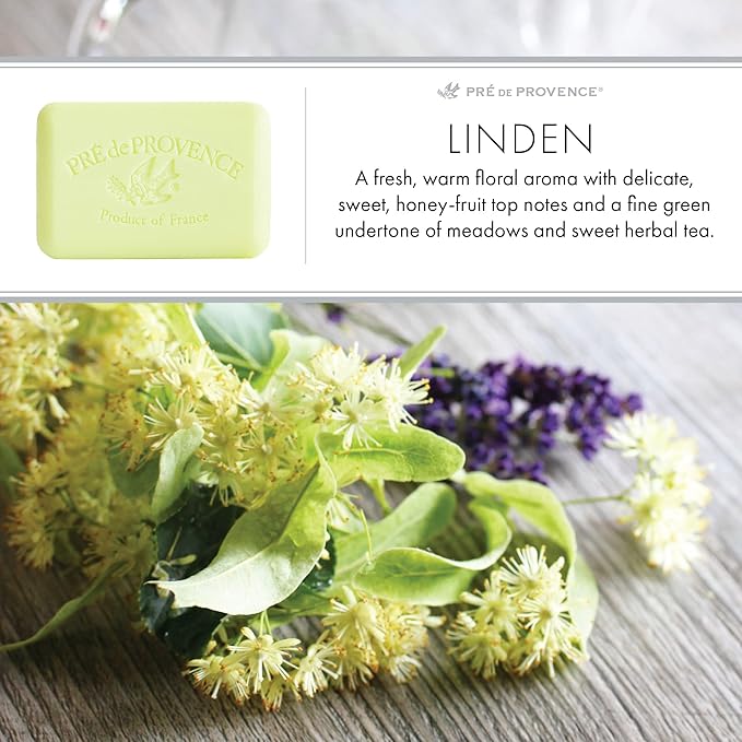 Pre de Provence Artisanal Soap Bar, Natural French Skincare, Enriched with Organic Shea Butter, Quad Milled for Rich, Smooth & Moisturizing Lather, Linden, 5.3 Ounce