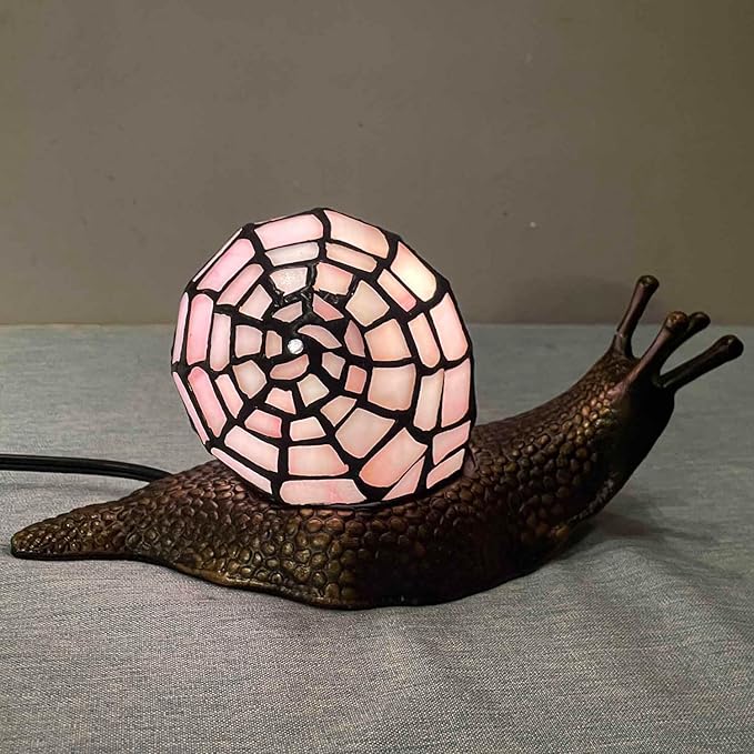 Bieye L10962 Land Snail Tiffany Style Stained Glass Accent Table Lamp for Home Decor (Pink, 10" D x 5" W x 5" H)