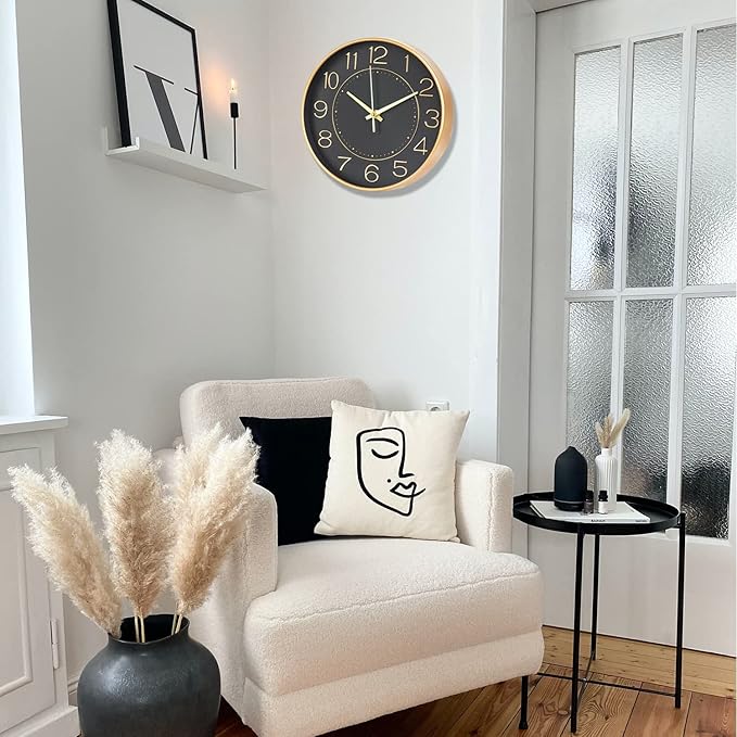 HZDHCLH Modern Wall Clocks Battery Operated,10 inch Black and Gold Clock for Wall,Silent Small Wall Clock for Living Room Bedroom Kitchen Office Nursery Decor