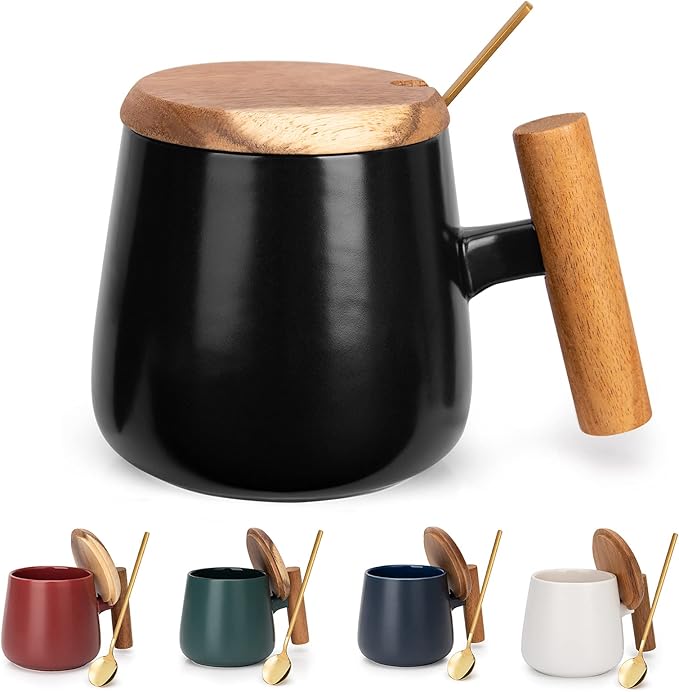 Ceramic 14 Oz Coffee Mug, Tea Cup for Office and Home, Coffee Cup with Lid and Spoon, Birthday Gifts, House Warming Presents for New Home, 1 Pack (Black)