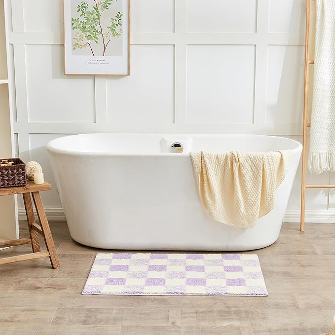 CozeCube Checkered Bath mats Non Slip, Fluffy Absorbent Microfiber Runner Bath mat Washable, Aesthetic Bathroom Rugs, Long Bath mat for Bathroom Floor, Tub and Shower, Purple, 47"X24"