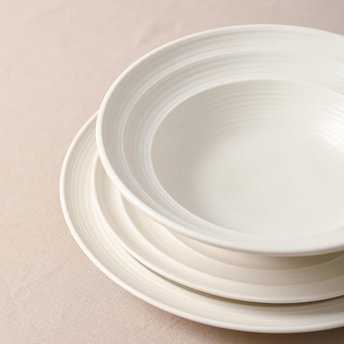 Earth & Clay Celeste 24-Piece Dinnerware, Stoneware, Plates and Bowls Set, Includes Dinner and Salad Plates, Cereal Bowls, Dishwasher and Microwave Safe, Dish Set for 8, Ivory White
