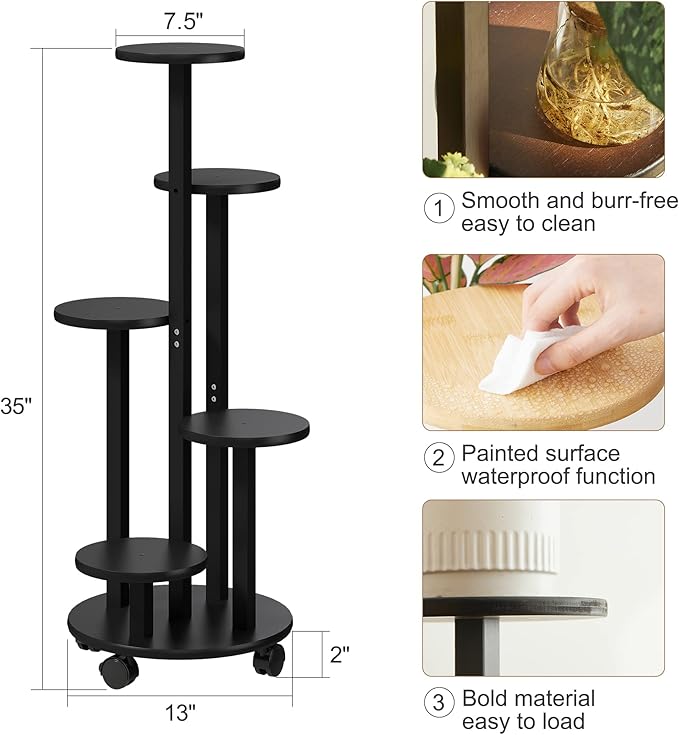 FILWH Plant Stand For Outdoor Indoor Tall Bamboo Flower Stand with Wheels Plant Shelf Pot Holder Plants Corner Display Rack for Balcony Garden Patio(Black)