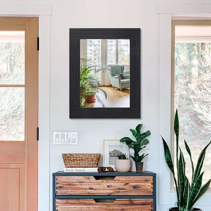 Black Vintage Rustic Wood Framed Wall Mirror Farmhouse Rectanglular Antique Decor Hanging Mirror for Bathroom Bedroom Living Room Entryway Large 20"x16"