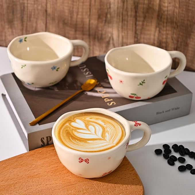 Koythin Ceramic Coffee Mug, Handmade Hot Chocolate Mugs, Cute Cup for Girl Women, Aesthetic Tea Milk Cup with Handle, 8.5 oz/250 ml for Latte, Cocoa, Office, Home (Cherry Flower)