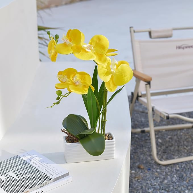Artificial Real Touch Orchid Flowers in Pot Fake Phalaenopsis Flower with White Ceramic Vase Faux Orchids Arrangement for Home Table Office Wedding Party Decoration (Yellow)