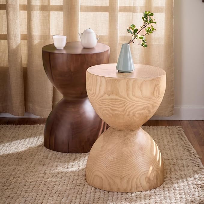 Natural Wooden Pillar Side Table – Round Tree Wood Drum-Shaped Coffee Table, Side Table for Balcony, Courtyard, Garden, Living Room Decoration – Modern Stool Design, Stable Base(Color:Brown)