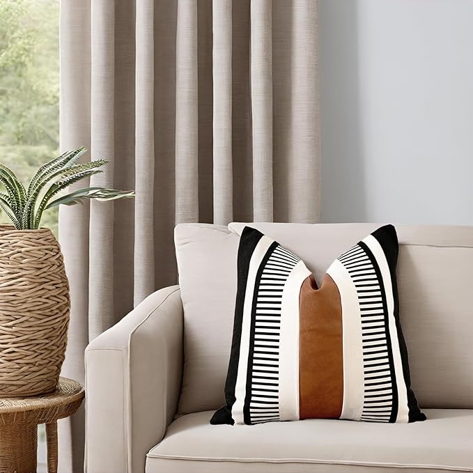 Farmhouse Decorative Throw Pillow Cover for Sofa Couch Accent Faux Leather Square Cushion Cover Tribal Stripe Boho Pillow Case 18 x 18 Inch,Black