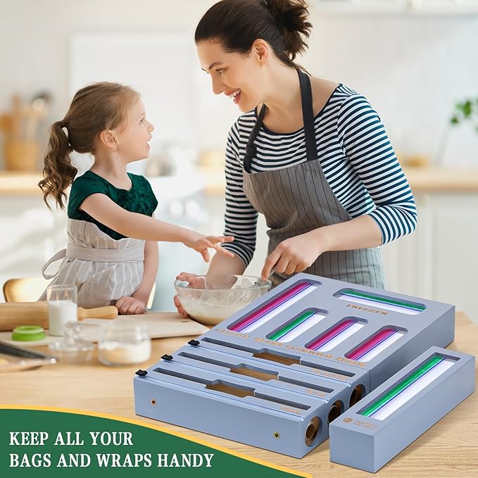 Calmbee Storage Bag Organizer, Foil and plastic Wrap Organizer with Cutter, Kitchen Organizers and Storage Compatible with Gallon, Quart, Sandwich, Snack Bags and 12" Aluminum Foil & Wax Paper, Grey