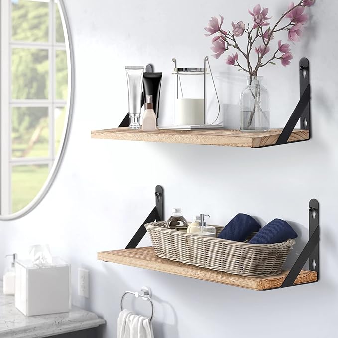 AGM Floating Shelves, Bathroom Shelf Set of 2, Rustic Wood Wall Mounted Shelf for Storage&Room Decor, Floating Shelf for Plants, Book, Bathroom, Bedroom, Kitchen, Office, Living Room(Light Brown)