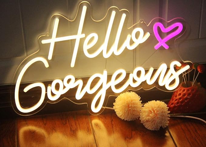 DAKABUKA Hello Gorgeous Neon Sign Hello Beautiful Warm White LED Neon Lights for Home Wedding Birthday Backdrop Bacelorette Party Wth Dimmable Switch(5V,16.5X10.6inches)