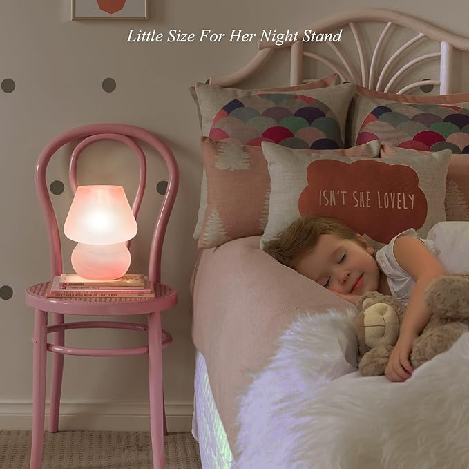ONEWISH Mushroom Lamp Cute Table Lamp for Bedroom Nightstand Soft Light Pink, Small Glass Nightlight Stepless Dimmable Desk Lamp for Dining, Living, Nursery, Vanity, Home Decor Lamp for Girls Women