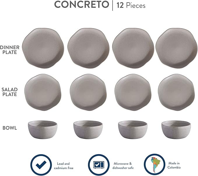 Corona Dinnerware Set 12– piece, Plates and Bowls Set, Ceramic Sets for 4, Microwave and Dishwasher Safe, Concreto Reactive Glaze