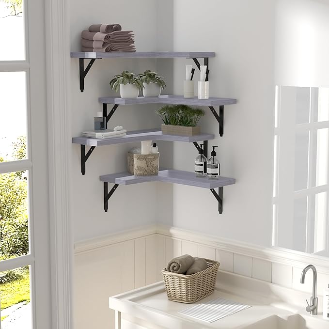 Corner Floating Shelves Wall Mounted Set of 4, Rustic Wood Storage Display Wall Shelves for Home Decor, Bathroom, Kitchen, Bedroom, Living Room, Office (Light Grey)