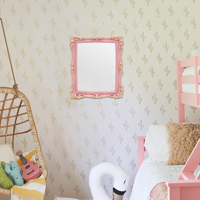 Funerom Vintage 11 x 9.5 inch Decorative Mirror, Wall Mounted & Tabletop Makeup Mirror ,Rectangle Mirror (Pink)