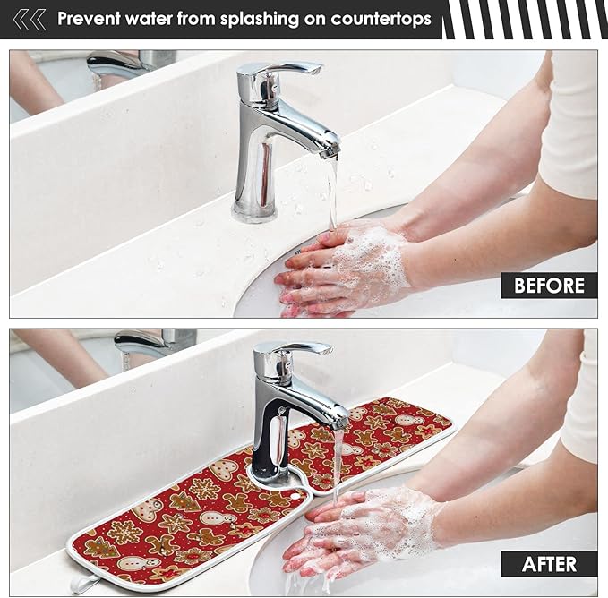Christmas Red Gingerbread Man Faucet Sink Mat for Kitchen 2 Pack Winter Snowflake Xmas Tree Bathroom Drying Mat Absorbent Splash Water Catcher Mats Microfiber Cloth Drip Protector Splash Pad 23x5