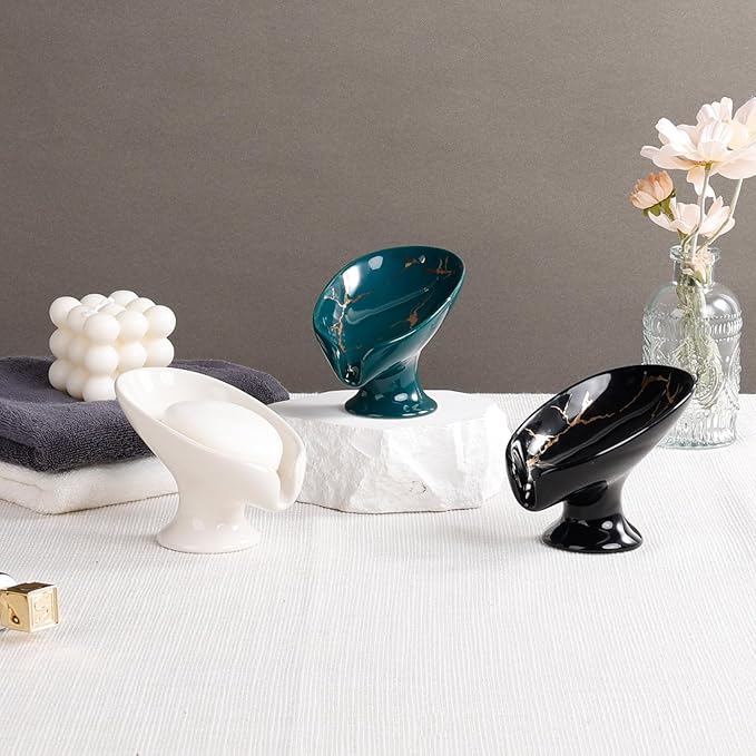 Soap Dish, Ceramic Soap Holder Self Draining Leaf Shape Bar Soap Holder, Marble Look Green Drain Soap Dish Holder for Bathroom, Easy to Clean Keeps Soap Dry, ANTIS'S HOME