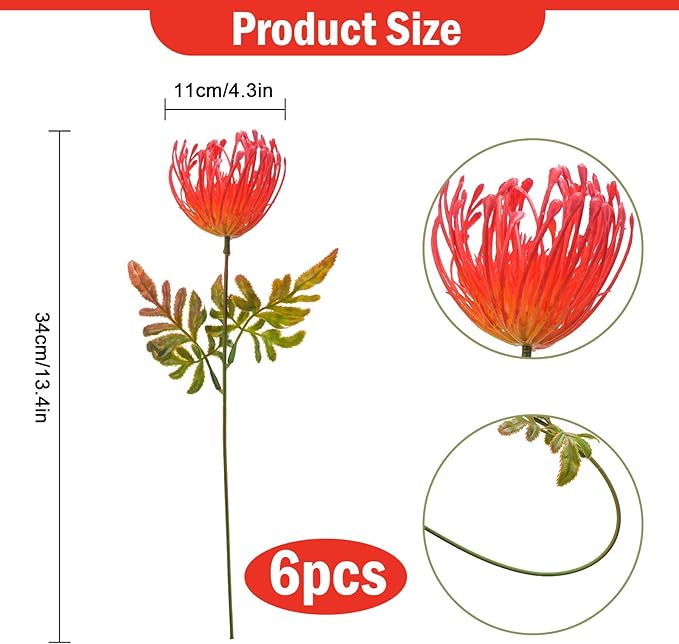 6 PCS Artificial Fall Flowers UV Resistant Fake Plastic Protea Cynaroides Floral Bouquets Fake Spider Mum Flower Arrangement Table Centerpieces Home Kitchen Office Indoor Outdoor Decor