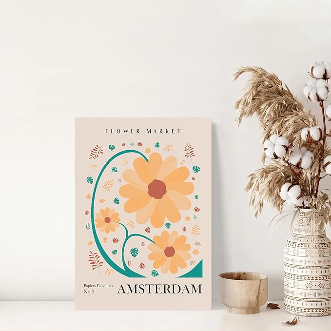 Flower Market Wall Art Framed, Abstract Flower Market Wall Art Prints, Vintage Colorful Floral Wall Art Decor, Minimalist City & Flower Painting Pictures for Aesthetic Room, Bedroom, Living Room, Gallery, Boho Room Decor(12x16inch, Type 9)