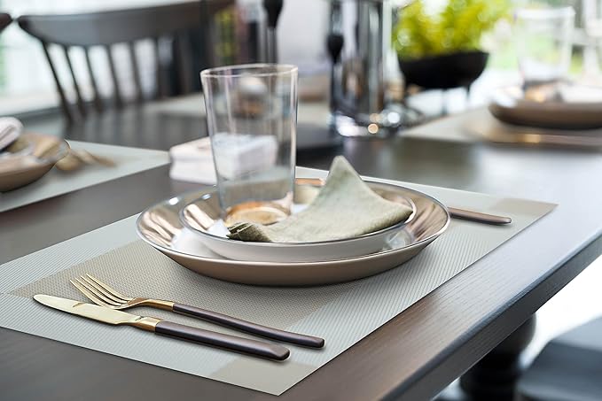 More Décor Dining Table Placemats, Washable Heat-Resistant PVC Vinyl Table Mats for Dining Room and Kitchen, Anti-Slip Set of 4 or 6 (Ivory, 8)