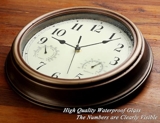 Rsobl 12 Inch Indoor Outdoor Wall Clock Waterproof with Temperature and Humidity Combo,Battery Operated Non Ticking Silent Clock Wall Decorative