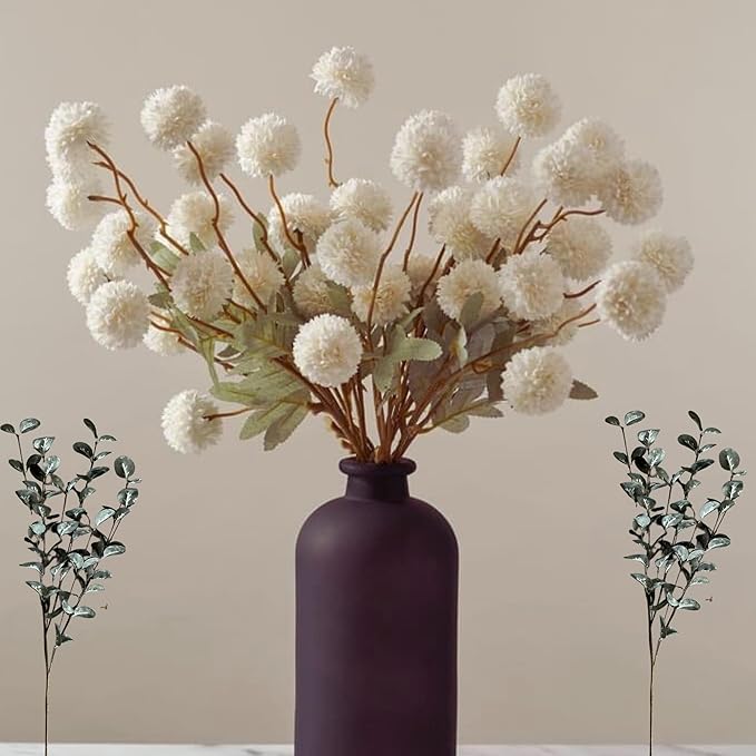 RyddeligHome White Faux Flowers for Vase - Kiku 10 Stems & Eucalyptus, Fake Flowers Stems, Realistic Artificial Flowers, Pom Pom Balls for Aesthetic Room Decor, Floral Arrangements Centerpiece