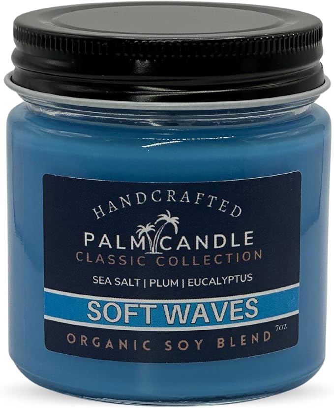 Sea Salt Soy Scented Candle Exquisite Aromatherapy in a Glass Jar Premium Essential Oils 7 Ounces Long-Lasting Burn Time (Soft Waves)