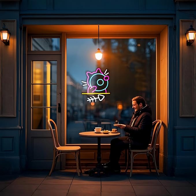 Hungry Cat Neon Sign Light, Pink and Ice Blue Neon Sign for Bedroom or Gaming Room, Good Choice for Boys Room Decor, Include 5V Charger