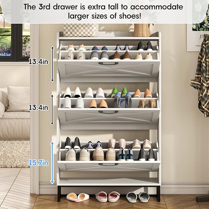 Maupvit Shoe Storage Cabinet with 3 Flip Drawers, Freestanding Organizer with Metal Legs for Entryway, Narrow Shoe Rack Cabinet, White