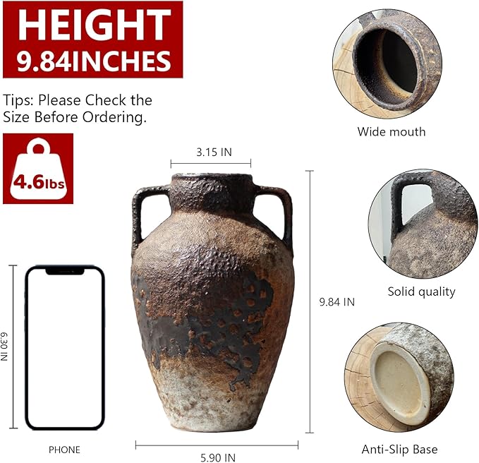 Ceramic Rustic Farmhouse Vase with 2 Handles, Brown 10" Vintage Distressed Clay Flower Vase, Pottery Terracotta Handmade Decor for Home Living Room Table Centerpiece