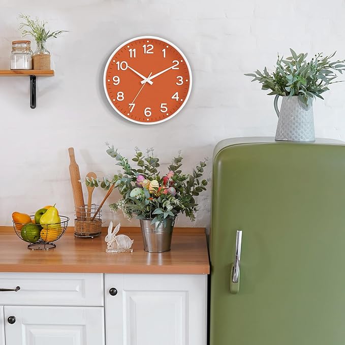 Wall Clock, Silent Wall Clocks Battery Operated 8 Inch-Modern Non Ticking Analog Clock Decorative for Kitchen Office Bathroom Bedroom(Orange)