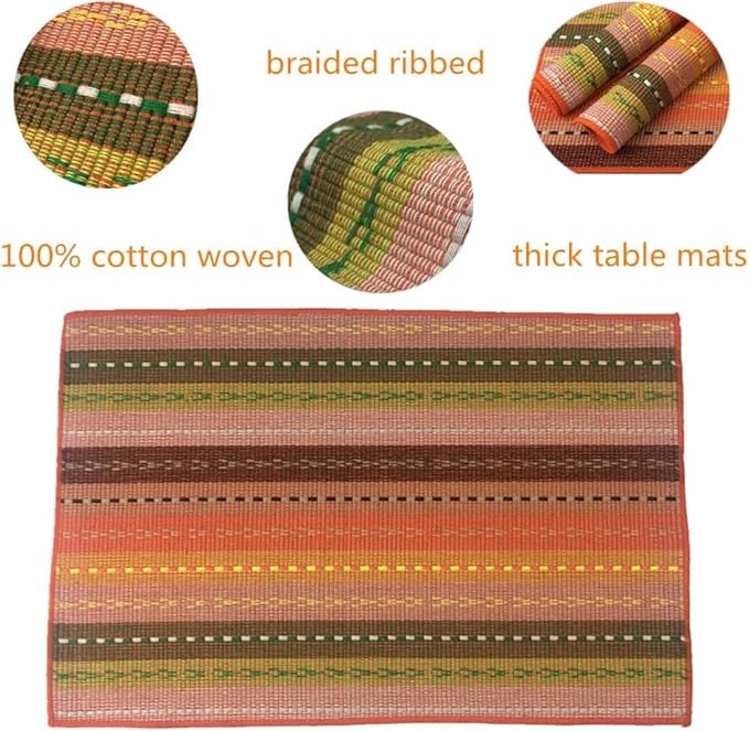WAZAIGUR Hand Woven with 100% Cotton Placemats Colorful Placemats Braided Ribbed Durable Heat-Insulation Table Mats Set of 6,Orange