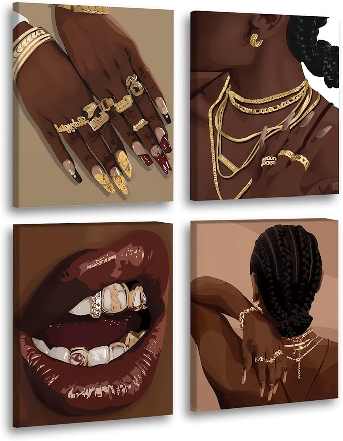 Black Woman Framed Canvas Art Printing,Boho Black Female Wall Art,Black Girl Art Poster,Abstract African American Woman Wall Art Decor for Home Bedroom - Set of 4 (8"X10",Built-in frame)