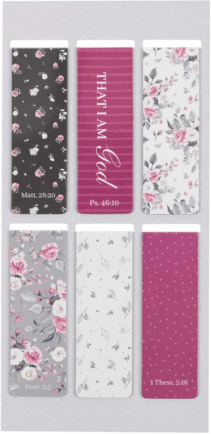 Christian Art Gifts Magnetic Scripture Bookmark Set for Women with Beloved Scripture Favorites -Inspirational Pink Roses Magnetic Bible Verse Pagemarker Set of 6 for Bibles and Books, Size 2.3” x 0.8”