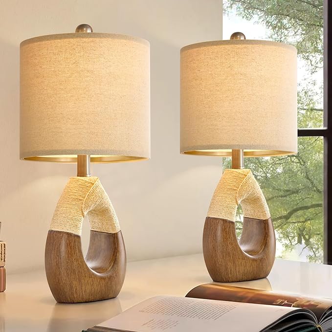 OYEARS Boho Table Lamps Bedroom Living Room Set 2,Suitable for Small Space,Farmhouse RattanTable Lamp 19”Rustic Egg Design Resin Light Decoration,Nightstand Bedside Lamps for Office Study Rest
