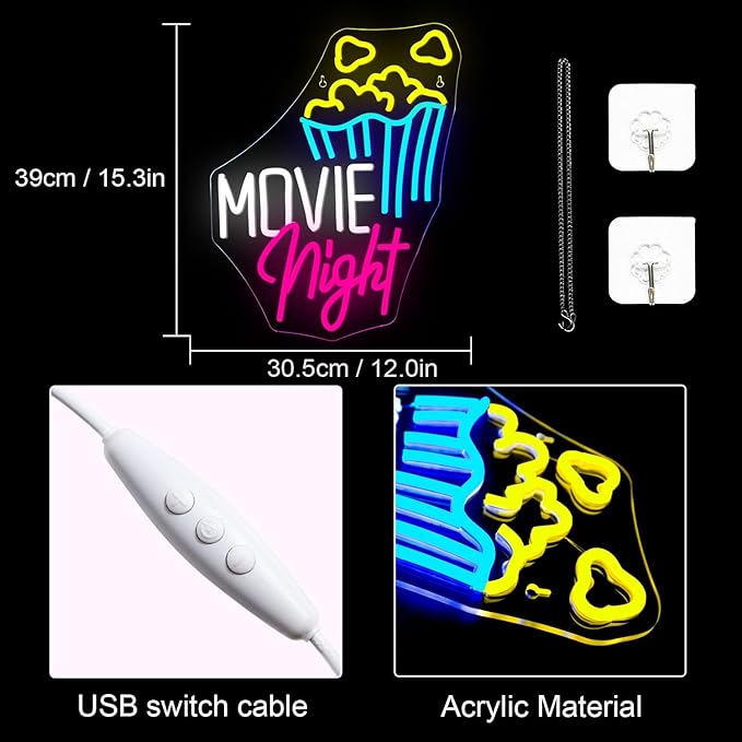 Lucunstar Movie Night With Popcorn Neon Sign, Room Lights for Wall Decor, Dimmable USB Neon Lights for Party, Theater Decor for Home