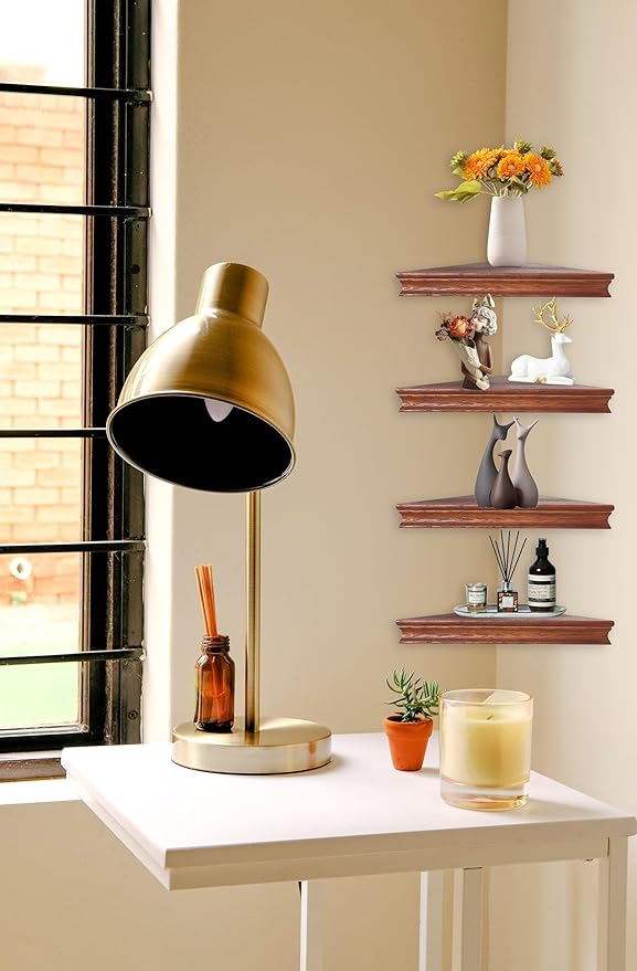 Corner Floating Shelf for Wall Set of 4,Triangular Corner Shelves Wall Mounted for Bedroom,Living Room,Bathroom,Kitchen-Dark Walnut
