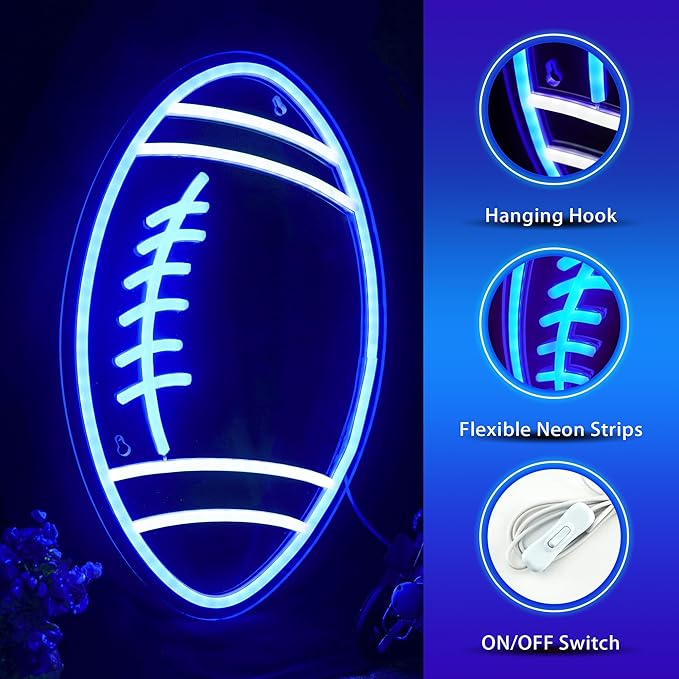 Football Neon Sign for Wall Decor, Blue Football-Shaped Neon Light, USB Operated Rugby Led Neon Lights for Man Cave, Football Decorations for Party