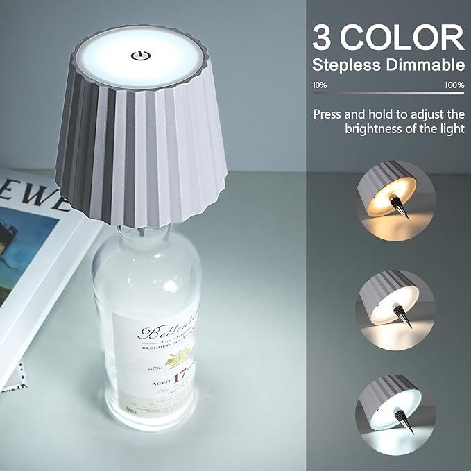 Wine Bottle Lamp, 2025 New 3 Color Rechargeable Wireless Bottle Lamp for Liquor Bottles with Touch Dimming for Parties, Restaurants & Home Decor (White)