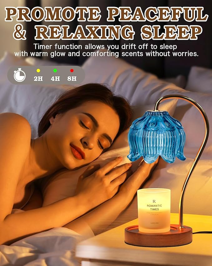 Flower Candle Warmer Lamp with Timer, Blue Candle Lamp Warmer, Birthday Gifts for Women, Mom, Female Friend, Dimmable Glass Lamp Candle Warmer Gifts, Aromatic Candle Wax Warmer for Vintage Home Decor