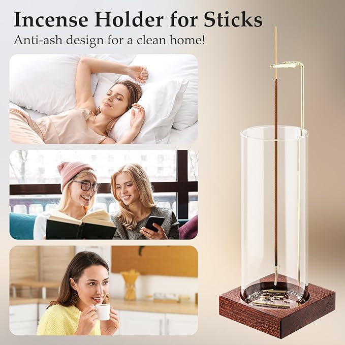 2pcs Incense Holder,Wooden Incense Holder for Sticks with 20 Incense Sticks, Anti-ash Incense Burner with Glass Ash Catcher for Meditation Yoga Spa Gift
