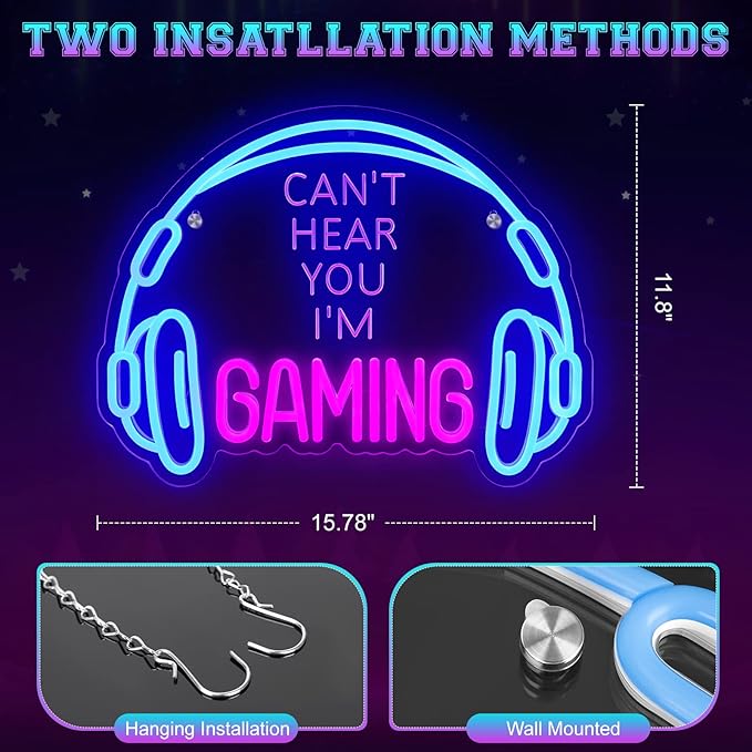 Gaming Neon Sign, Large Bright and Dimmable Colored LED Headset Gamer Neon Light and USB Powered Headphone Lightup Game Signs for Game Zone Video Room Boy Bedroom Wall Decor (Can't Hear You I'm Gaming)
